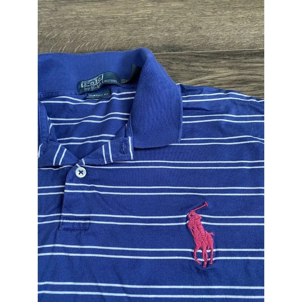 Polo by Ralph Lauren Blue White Striped Polo with Pink Pony